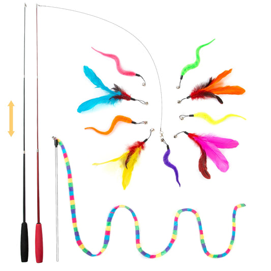 Interactive Cat Feather Wand Set, 2 Retractable Wands and 9 Refills (14 Pieces)