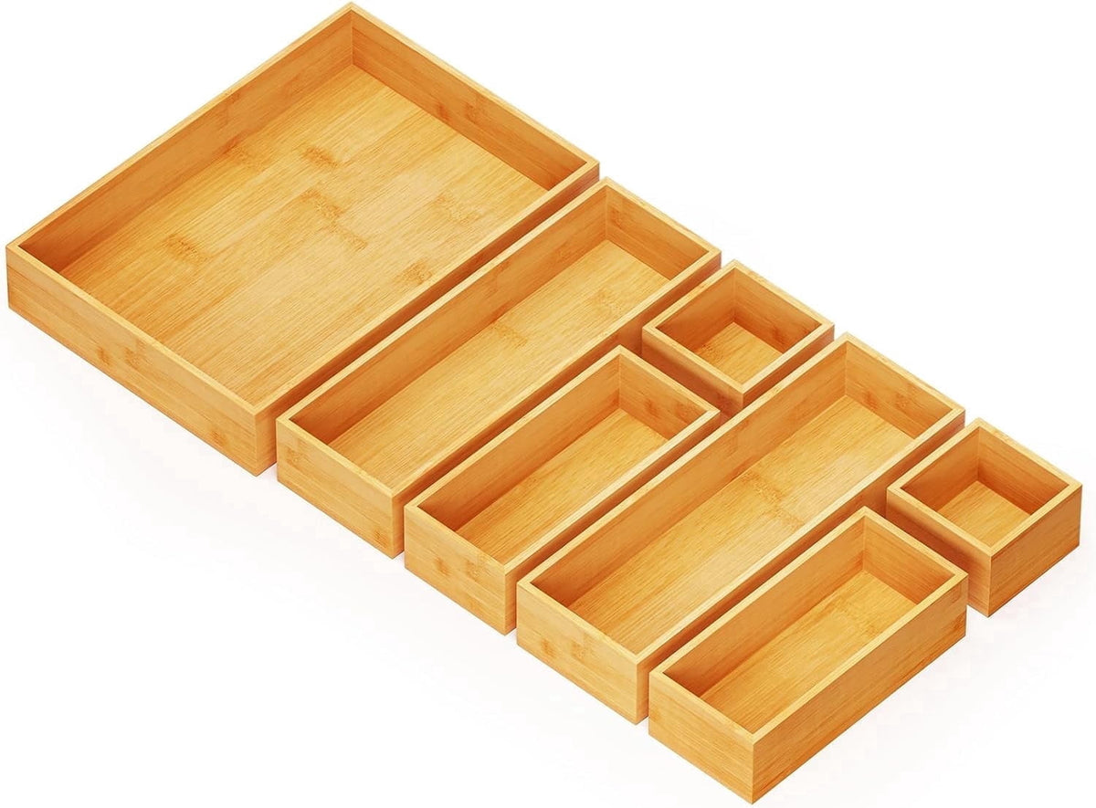 Bamboo Drawer Organizer Boxes, Natural, 7-Piece Set