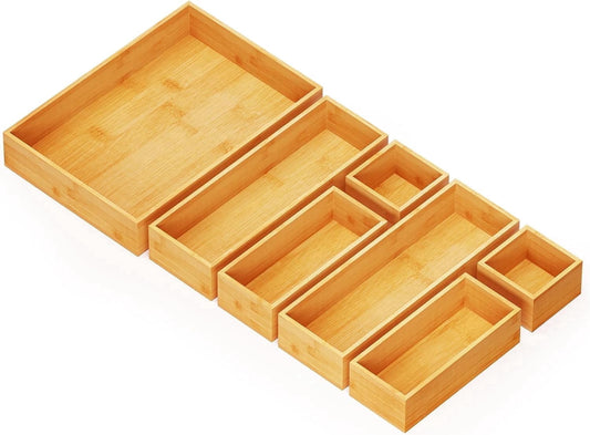 Bamboo Drawer Organizer Boxes, Natural, 7-Piece Set