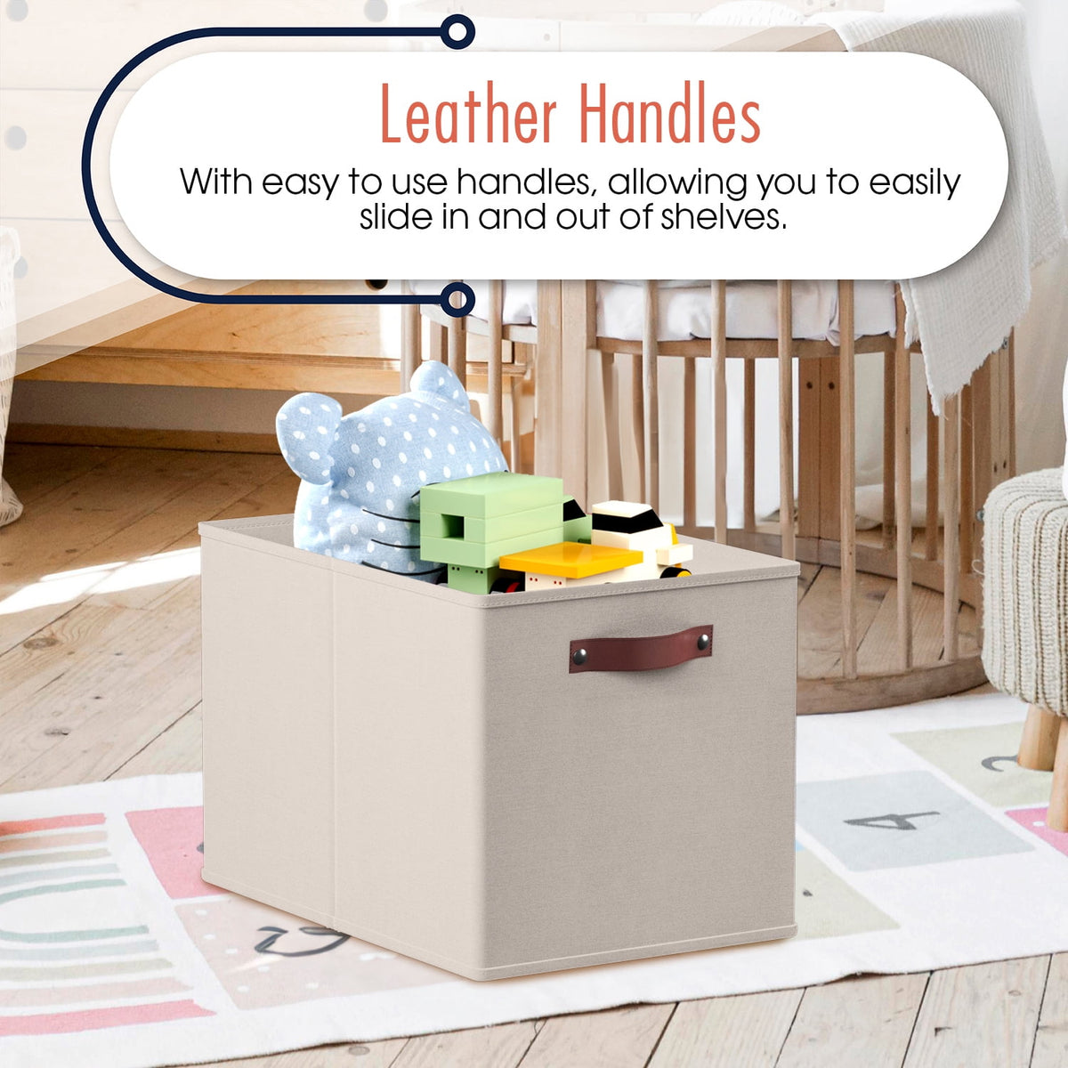 Foldable Linen Storage Cubes with Leather Handles, 13 x 15 x 13 in, Set of 6, Beige - Image 3