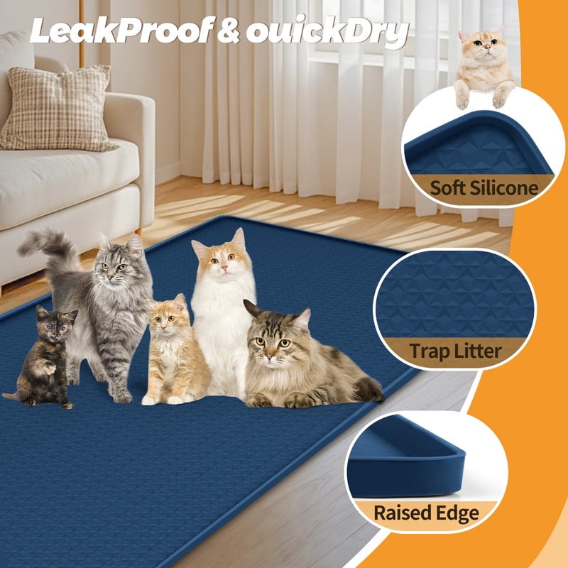 Extra-Large Silicone Cat Litter Mat, 51 x 25.6 in, Waterproof, Navy Blue - Image 3