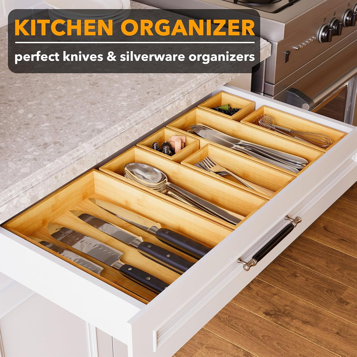 Bamboo Drawer Organizer Boxes, Natural, 7-Piece Set - Image 4