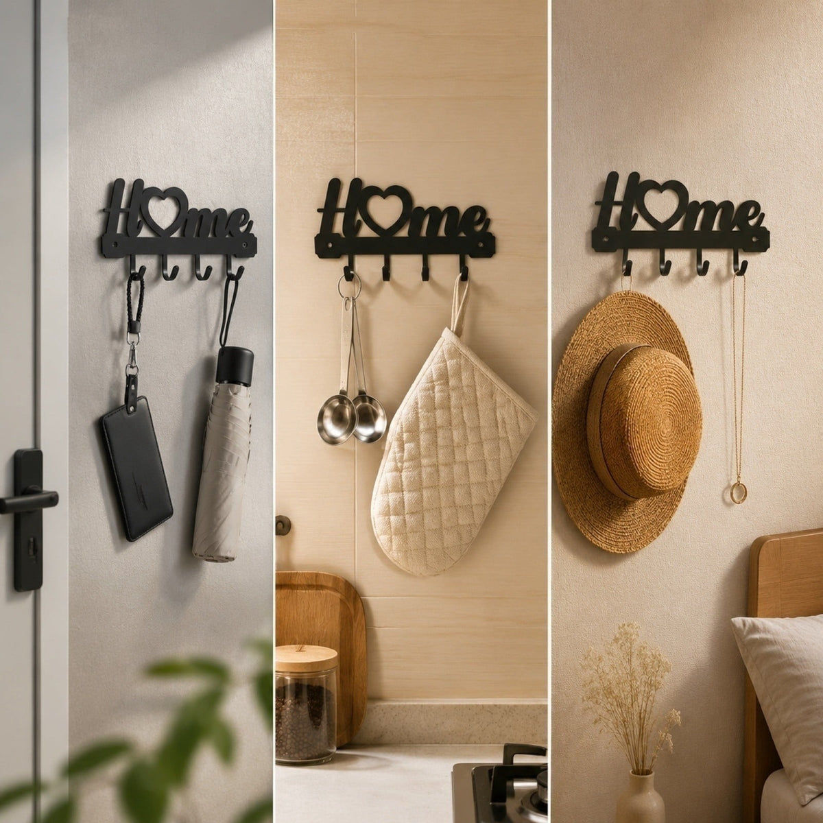 Wall-Mounted Metal Key Rack with 4 Hooks, 6.9 in, Black - Image 4