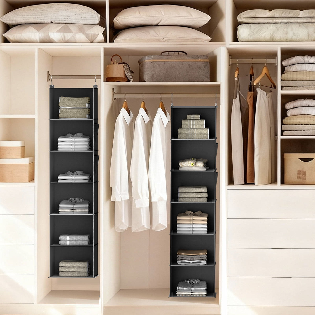 6-Shelf Hanging Closet Organizer with Bamboo Rods and Side Pockets, Gray - Image 6