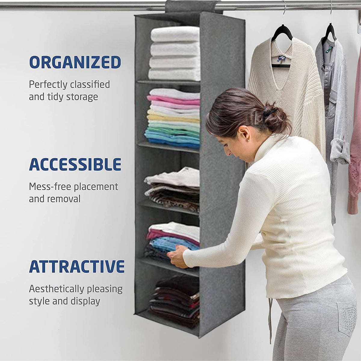 5-Section Hanging Closet Organizer Shelves, Heavy Duty, Foldable, Grey - Image 4