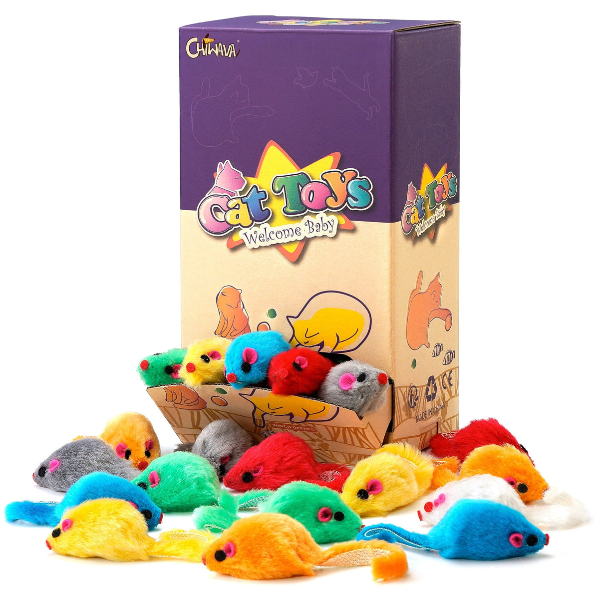 Furry Rattle Toy Mice for Cats, 4.1 in, Assorted Colours, 36-Pack - Image 3