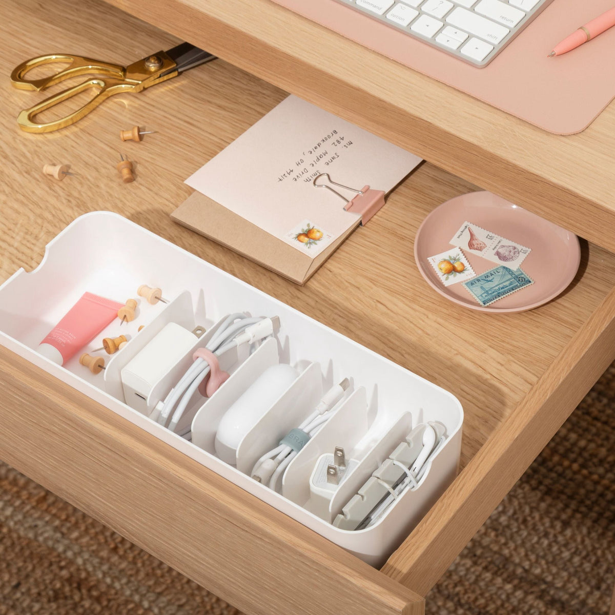7-Compartment Cable Storage Box, 11 x 4.37 x 2.37 in, White/Linen - Image 5