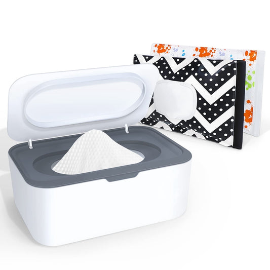 Baby Wipes Dispenser with Sealing Lid and 2 Travel Wipe Pouches (Grey)