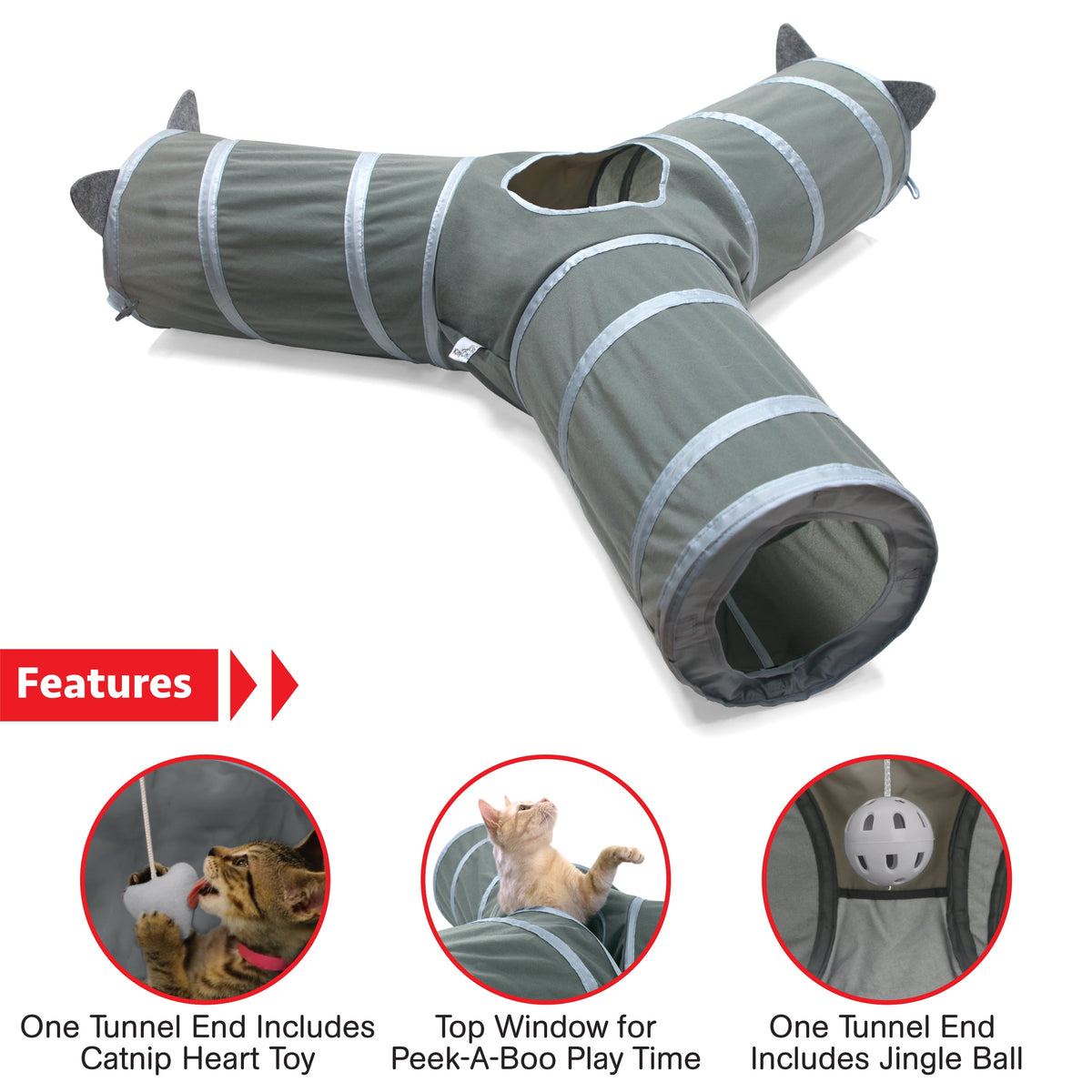 Pop-Up 3-Way Cat Tunnel with Peek Hole and Catnip Toys, Gray - Image 6