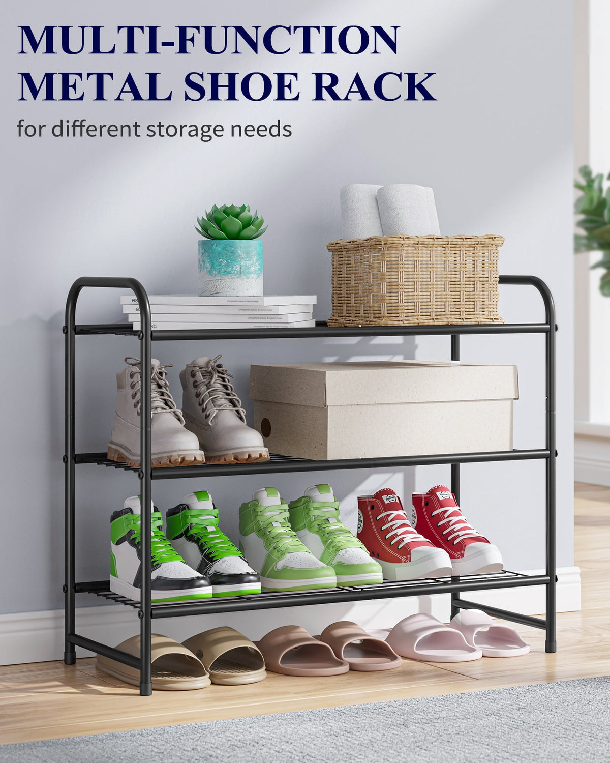 3-Tier Stackable Metal Shoe Rack, Holds 16 Pairs, 25.9 x 11.4 x 19.3 in, Black - Image 5