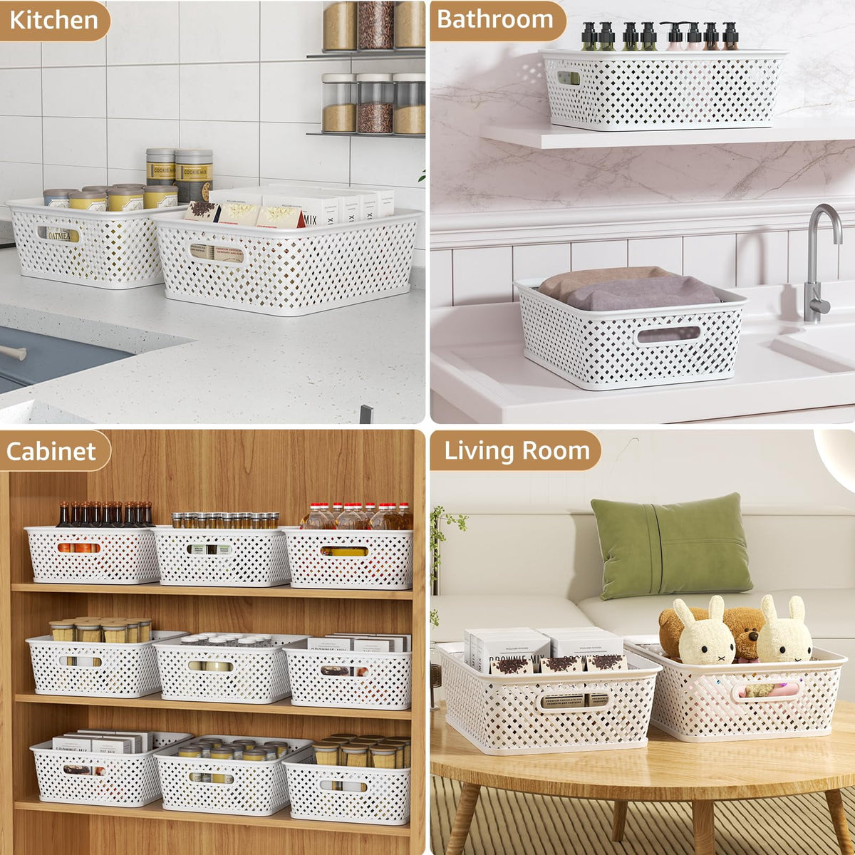 White Woven Plastic Storage Baskets with Handles, 13.8 x 11.5 x 5.2 in, 3-Pack - Image 3