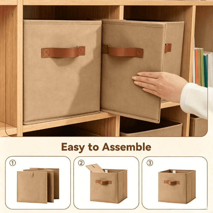 11 in Cube Storage Bins with Leather Handles, Khaki, 6-Pack - Image 5