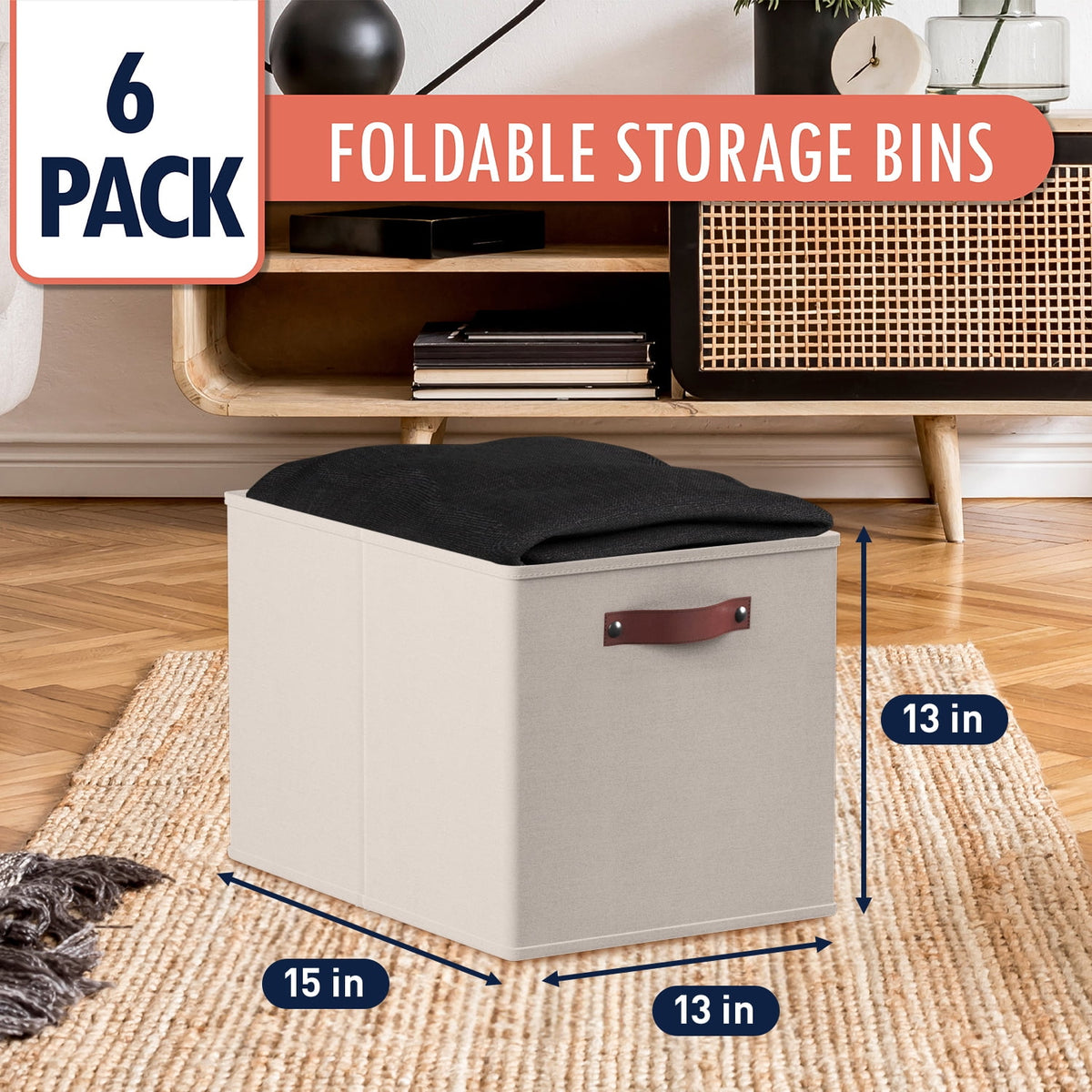 Foldable Linen Storage Cubes with Leather Handles, 13 x 15 x 13 in, Set of 6, Beige - Image 2