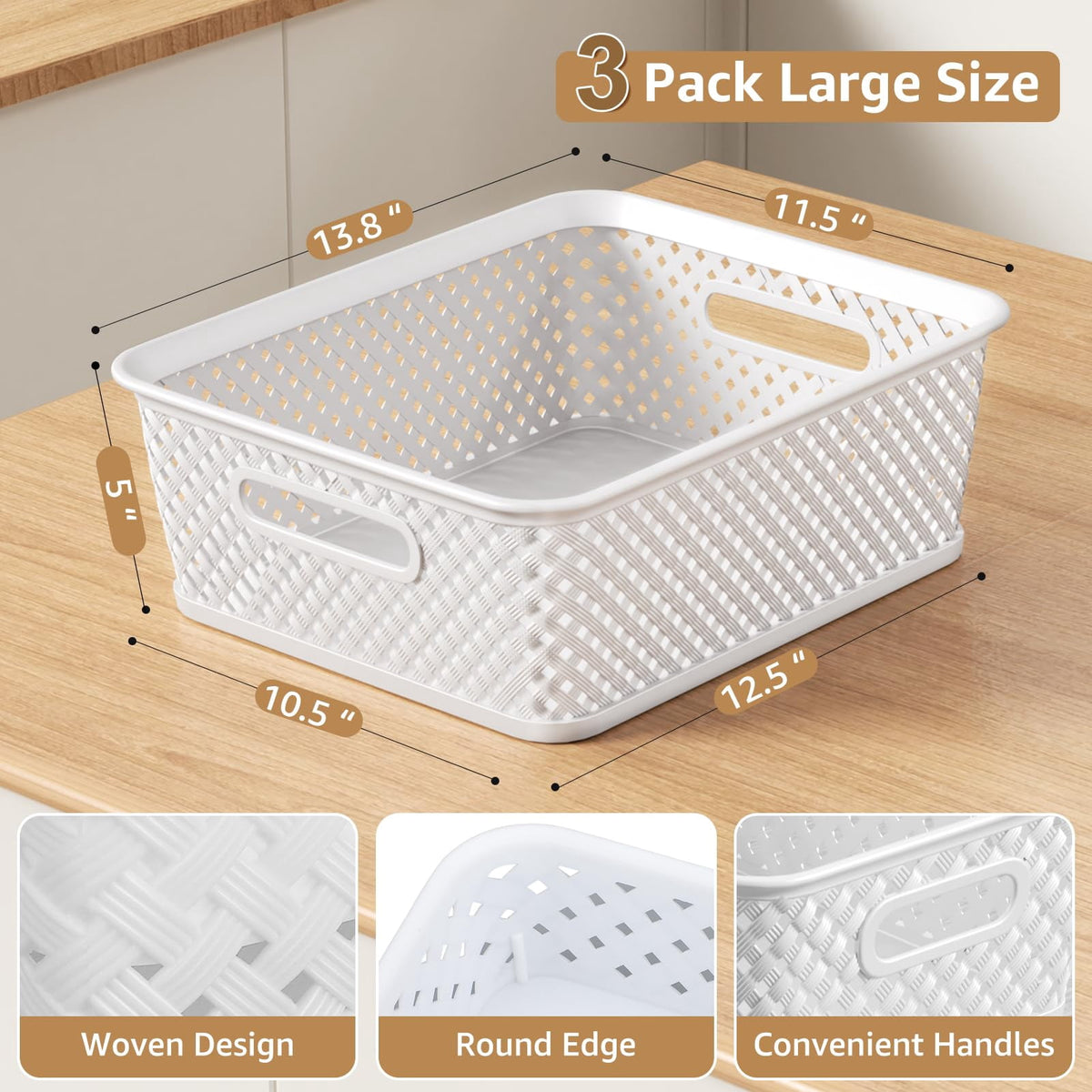 White Woven Plastic Storage Baskets with Handles, 13.8 x 11.5 x 5.2 in, 3-Pack - Image 2