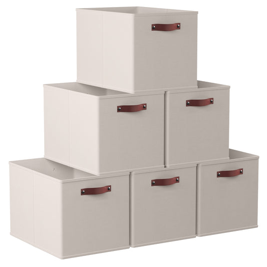 Foldable Linen Storage Cubes with Leather Handles, 13 x 15 x 13 in, Set of 6, Beige