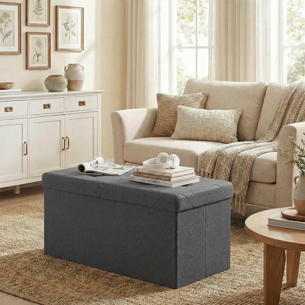 30 in Folding Storage Ottoman Bench with Padded Seat, Linen, Grey, Holds 660 lb - Image 4