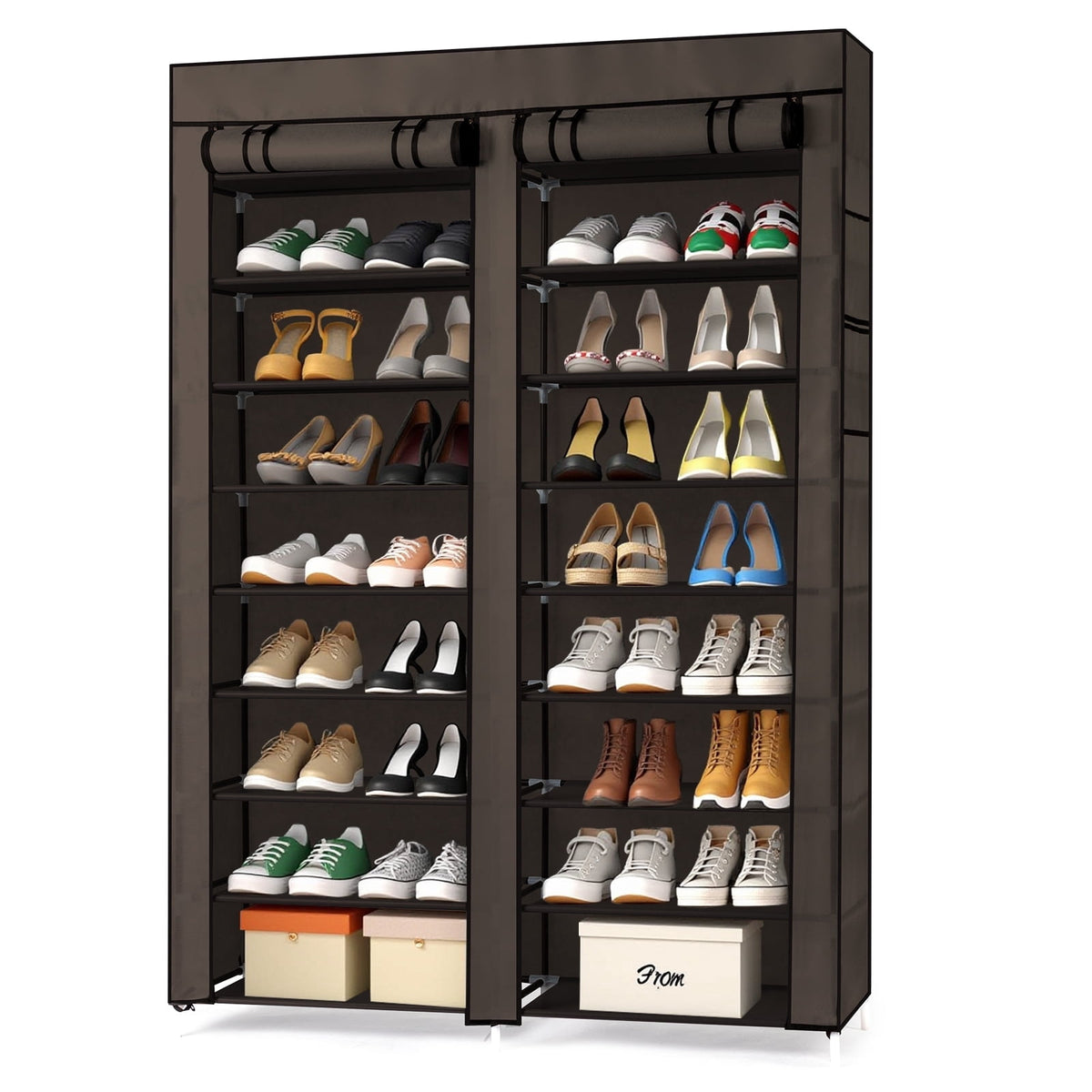 10-Tier Double-Row Shoe Rack with Fabric Cover, Holds 40 Pairs (Coffee) - Image 2