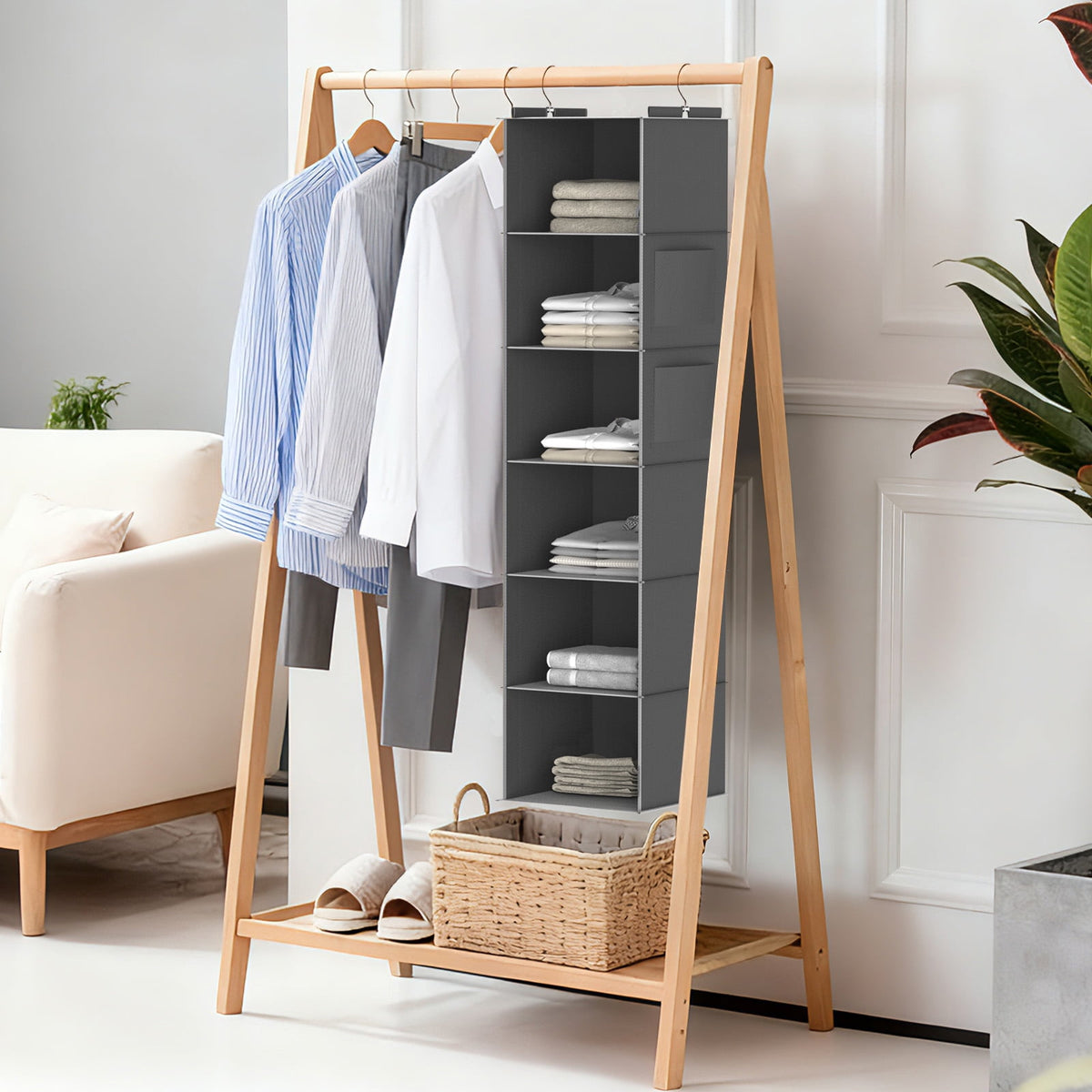 6-Shelf Hanging Closet Organizer with Bamboo Rods and Side Pockets, Gray - Image 2