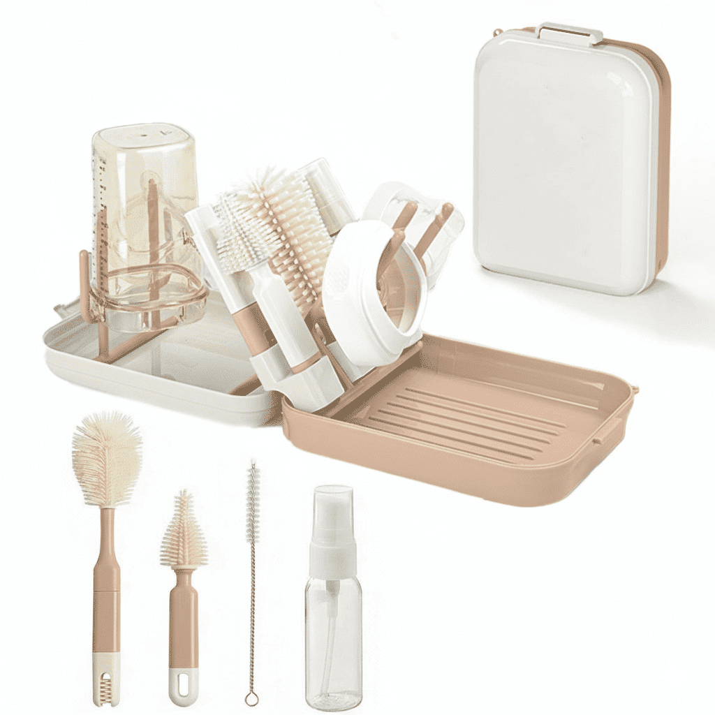 Baby Bottle Brush Set with Fold-Out Drying Rack, Countertop Organizer