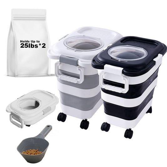 Collapsible Pet Food Storage Containers with Scoop, 25 lb, 2-Pack (Black and White)