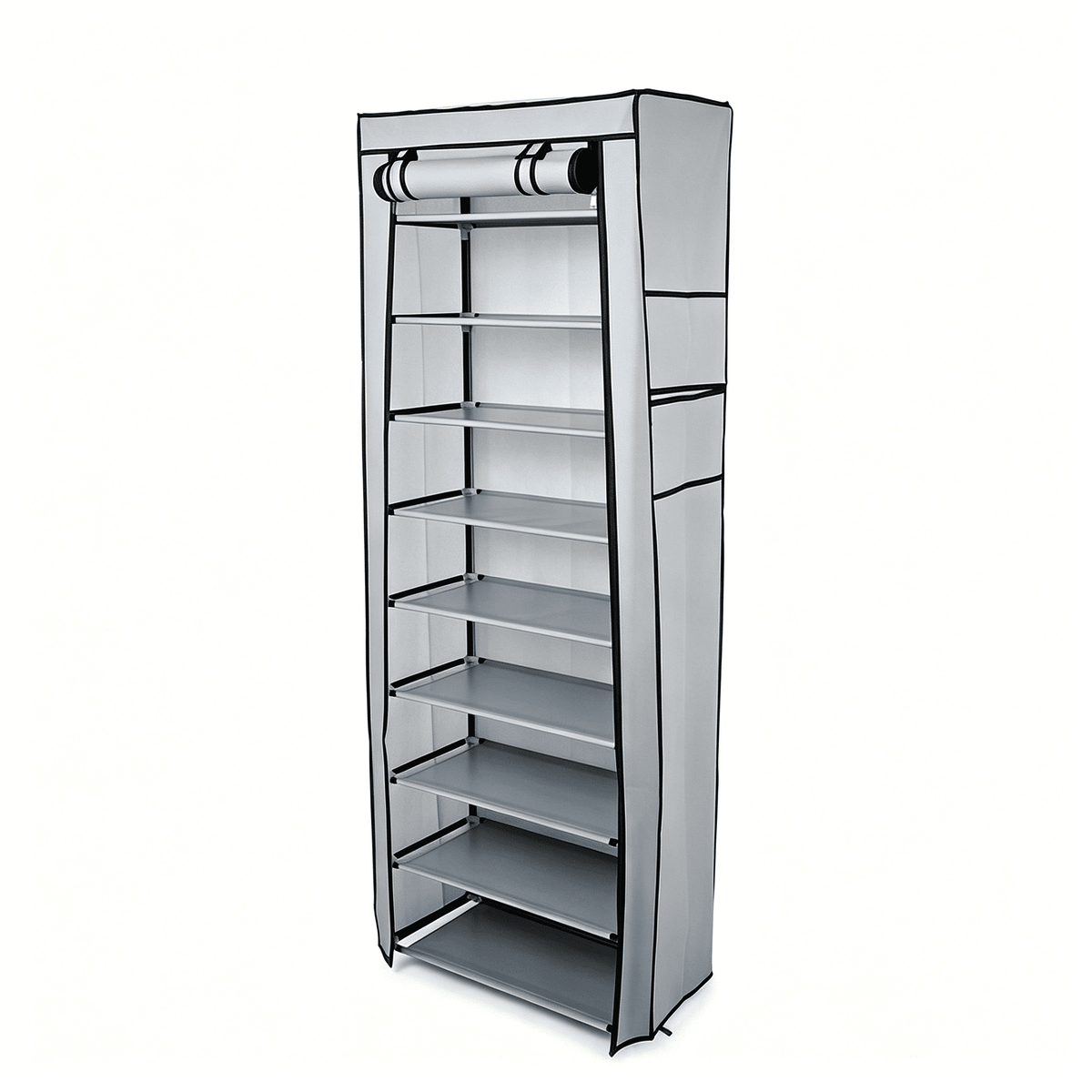 10-Tier Shoe Rack with Dustproof Cover, 9 Compartments, Gray