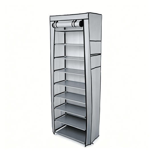 10-Tier Shoe Rack with Dustproof Cover, 9 Compartments, Gray